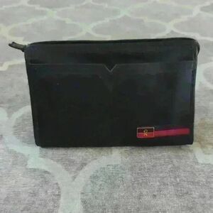 Vintage Black Leather Clutch Zipper Closure Italy